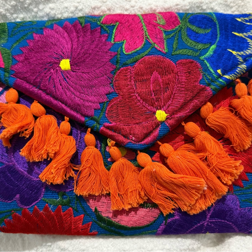 Fiesta Festive Floral Embroidered Clutch with Orange Tassels